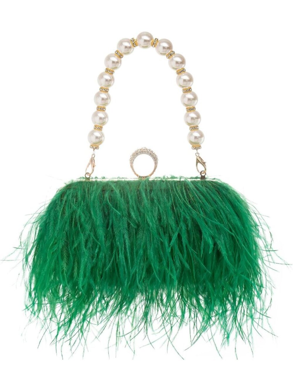 Women's Green Natural Ostrich Feather Vintage Banquet Purse Evening Bag